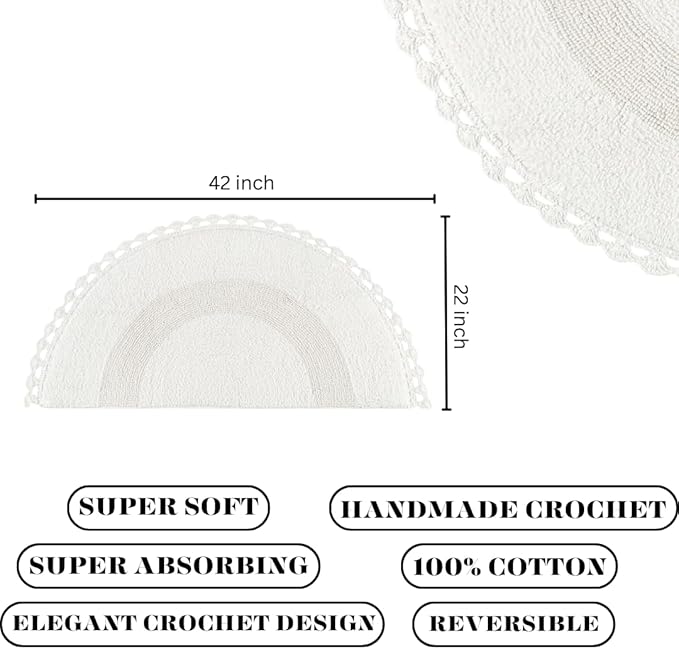 Savi Home Half Circle Bohemian Bathroom Rug with Handwoven Chrochet Border, Beautifully Handcrafted 100% Cotton Mat - 22x42, Half Round Boho Bedroom Rug, Boho Bathroom Décor, Machine Washable - White