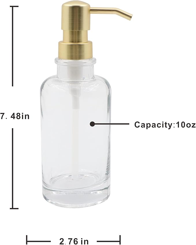 3 Piece Round Heavy Weight Glass Soap Lotion Pump Dispenser Set with Metal Caddy for Home Bath Kitchen Travel Office Hand Crafted Metal Tray Brushed Gold