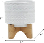 Sagebrook Home Modern Ceramic Planter with Stand - White Stoneware Pot with Bamboo Base - Indoor & Outdoor Decorative Plant Holder - 8" White