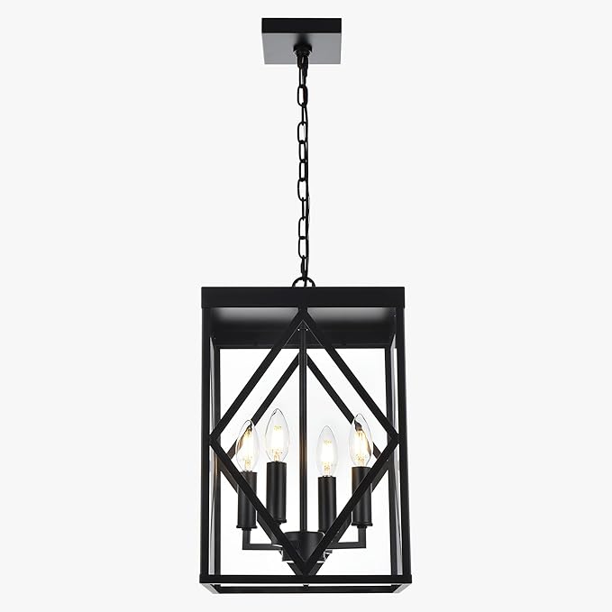 4-Light Outdoor Pendant Light Fixtures Large 15.7'' Black Outdoor Chandelier Metal Cage Exterior Hanging Porch Light w/Glass Shade, Outdoor Pendant Lantern Lamp for Front Porch Balcony Foyer