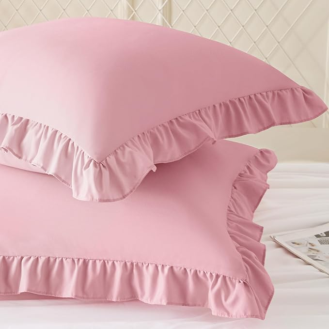 KKJIAF Ruffle Pillow Cases 26x26 Inches, Light Pink Square Ruffled Pillow Covers Set of 2, Microfiber Wrinkle Resistant Pillow Shams with Envelope Closure for Sofa Bed Living Room