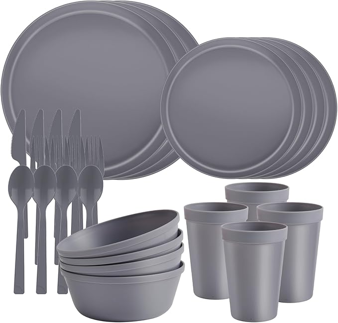 20 Piece Stackable Dinnerware Set for Small Kitchens, Modern Minimalist Plates & Flat Bottom Bowls (Pasta/Salad), Unbreakable & Microwave Safe, Gray