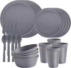 20 Piece Stackable Dinnerware Set for Small Kitchens, Modern Minimalist Plates & Flat Bottom Bowls (Pasta/Salad), Unbreakable & Microwave Safe, Gray