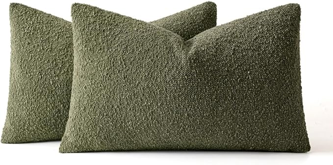 MIULEE 12x20 Inch Decorative Lumbar Throw Pillows for Bed Set of 2 Textured Boucle Neutral Winter Throw Pillow Covers Olive Green Accent Solid Pillowcases Sofa Livingroom Home Decor