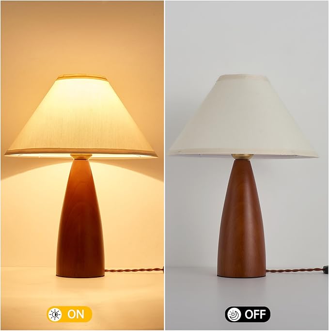 Bedside Table Lamp for Bedroom, Mid-Century Modern Plug in Fabric Shade & Solid Wood Base Desk Lamp, Plug & Play Warm Brown Nightstand Lamp for Living Room, Office, Switch Power Cord 【Bulb Included】