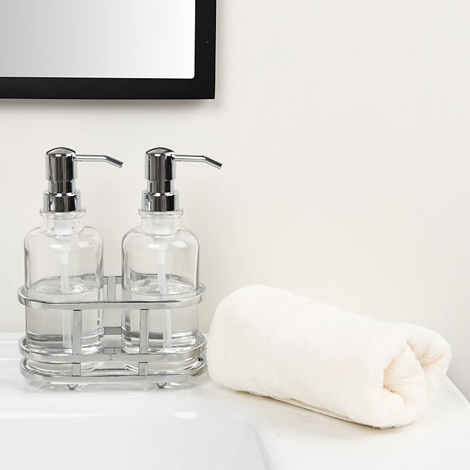 3 Piece Round Heavy Weight Glass Soap Lotion Pump Dispenser Set with Metal Caddy for Home Bath Kitchen Travel Office Hand Crafted Metal Tray Chrome