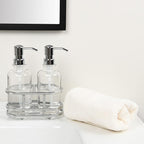 3 Piece Round Heavy Weight Glass Soap Lotion Pump Dispenser Set with Metal Caddy for Home Bath Kitchen Travel Office Hand Crafted Metal Tray Chrome