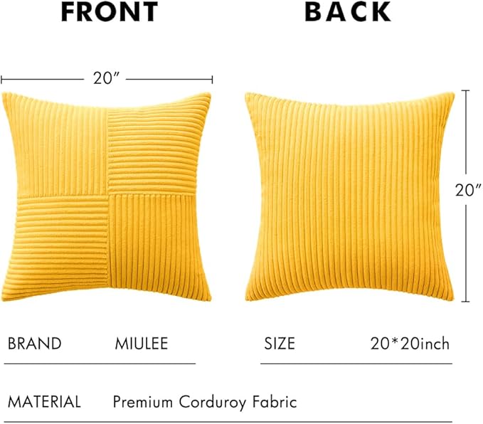 MIULEE Golden Yellow Corduroy Pillow Covers Pack of 2 Boho Decorative Spliced Throw Pillow Covers Solid Couch Pillowcases Cross Patchwork Textured Cushion Covers for Living Room Bed Sofa 20x20 inch