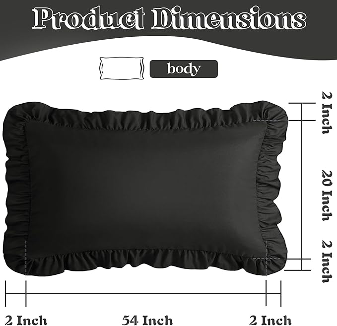 KKJIAF Ruffle Body Pillow Cases Set of 1, Ruffled Pillow Covers with Envelope Closure, Body Pillowcases Size of 20" x 54", Ruffled Long Pillow Shams, Black