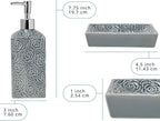 Comfify Designer 4 Piece Bathroom Accessory Set – Ceramic Bath Set w/Liquid Soap or Lotion Dispenser, Toothbrush Holder, Tumbler and Soap Dish – Decorative Set w/Embossed Details – Dark Grey