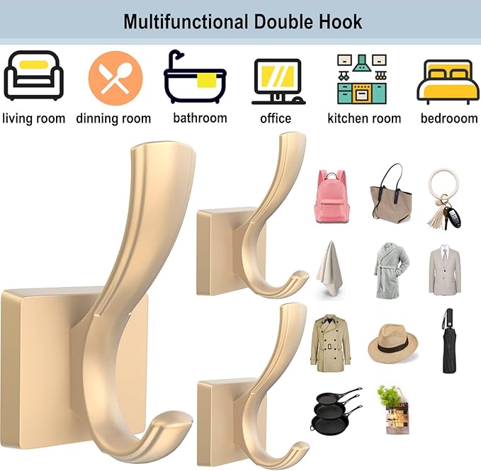 Gold Towel Hooks for Wall, Heavy Duty Thick Metal Bathroom Coat Hooks for Hanging Key Robe Hat Backpack, Wall Mount Hooks Bath Kitchen Garage Hooks(8 Pack, Gold)