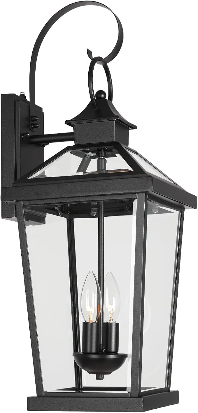 JYZ Dusk to Dawn Outdoor Wall Sconce, 24 Inch Waterproof Exterior Wall Lantern with Textured Glass, 2-Light Anti-Rust Classic Porch Light for Front Door Garage Patio Yard JYOWL06-BK-L
