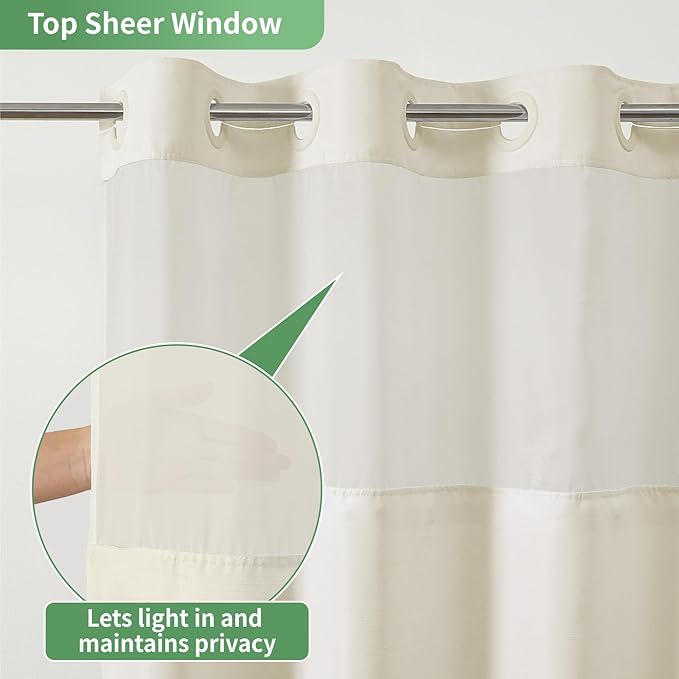 Cream Long No Hook Shower Curtain with Snap-in Fabric Liner Set,Slub Textured Fabric Shower Curtains for Bathroom,Hotel Style Modern Shower Curtain,Water Repellent & Washable,71x80(78)