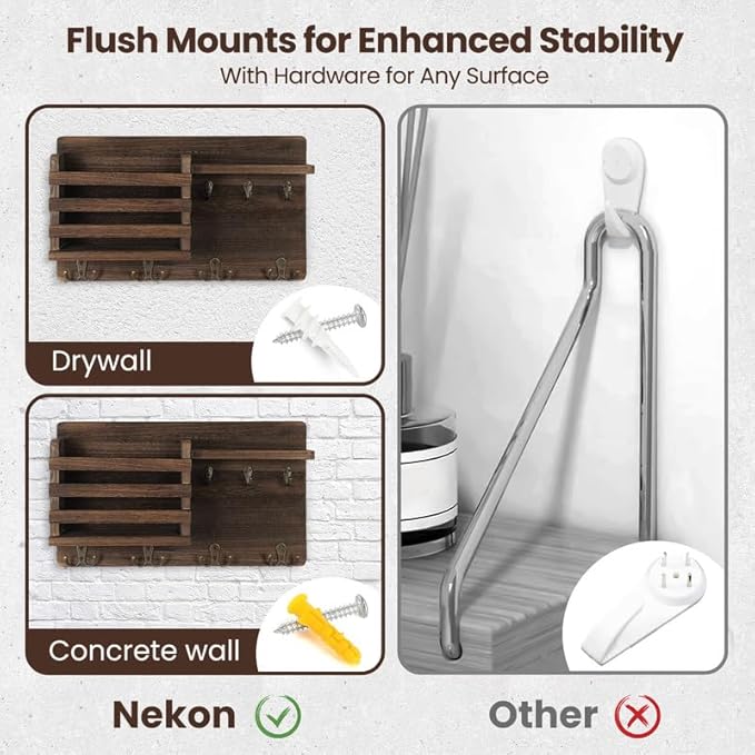 Nekon Mail Holder for Wall Mail Organizer with Key Hooks Hallway Farmhouse Decor Letter Sorter Made of Natural Wood with Floating Shelf and Flush Mount Hardware (16.8Inch x 10Inch x 3.2Inch)