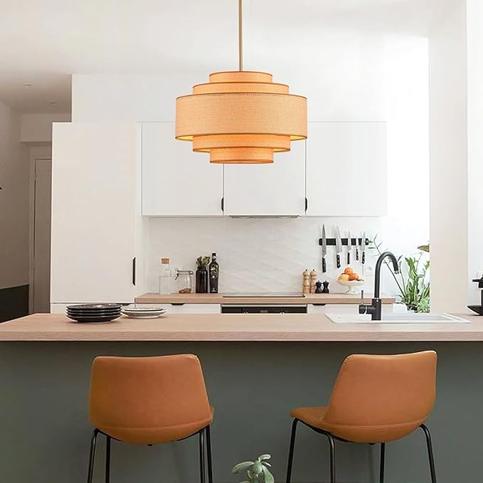 Farmhouse 19.7" Drum Rattan Chandelier 4-Lights Vintage Boho Rattan Chandelier Retro Vintage Bamboo Drum Chandeliers for Dining Room, Kitchen Island, Living Room, Bedroom