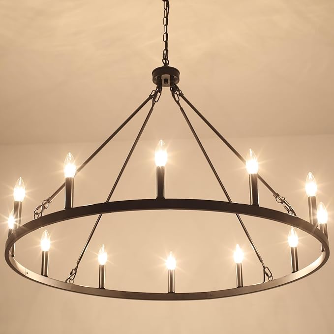 Wagon Wheel Chandelier 12 Light 38" Large Black Farmhouse Chandelier for Dining Room Rustic Country Pendant Light Fixtures Hanging Modern Round Chandeliers for Living Room High Ceilings Foyer Entryway