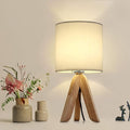 HAITRAL Small Bedside Table Lamp - Wooden Tripod Nightstand Lamp for Bedroom, Living Room, Office, Farmhouse, Home with Fabric Shade, White