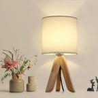 HAITRAL Small Bedside Table Lamp - Wooden Tripod Nightstand Lamp for Bedroom, Living Room, Office, Farmhouse, Home with Fabric Shade, White