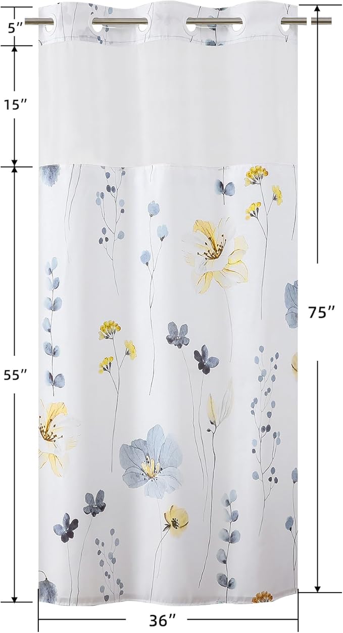 QiyI Stall Floral Shower Curtain with Snap in Liner, Blue and Yellow Watercolor Cloth Bath Curtains, No Hook Shower Curtains with Mesh Top Window, Fabric Waterproof Bathroom Curtain Set, 36 x 75 Inch