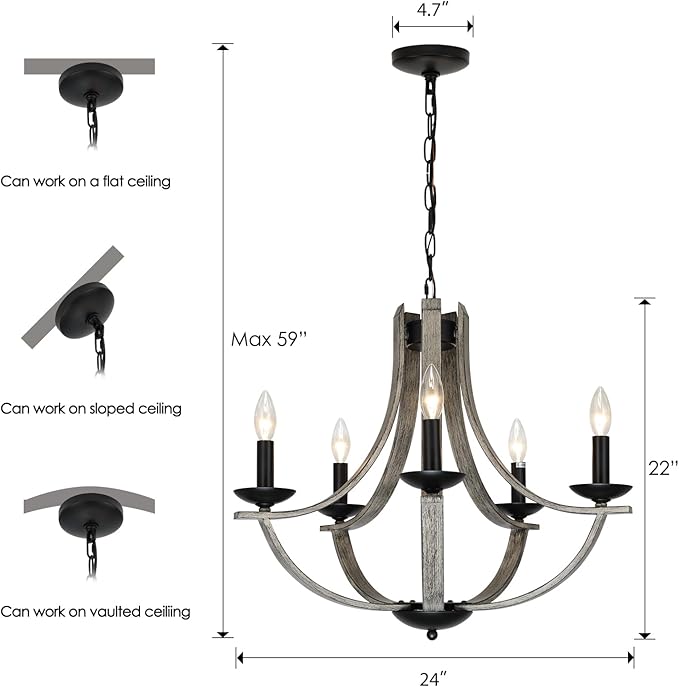 Rustic Chandeliers for Dining Room Light Fixture, 5-Light 24 inch Faux Wood Texture Hanging Lighting Fixtures,Farmhouse Candle Chandeliers for Living Room Kitchen Island Foyer Entryway