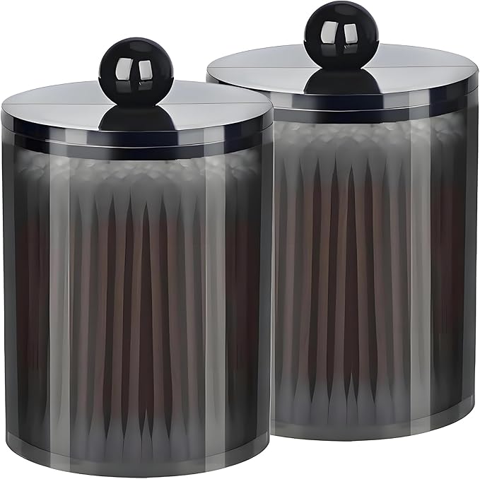 AXX Qtip Dispenser Apothecary Jars Bathroom - Qtip Holder Storage Canister Clear Plastic Jar for Cotton Swab,Q-Tips,Cotton Rounds (Black 2Pcs)