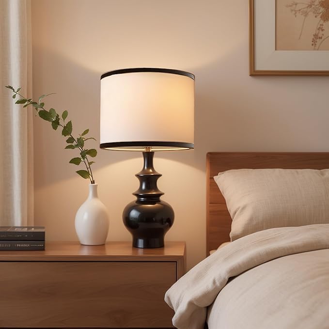 20" Modern Ceramic Table Lamp, Black Bedroom Lamp for Night Stands, Farmhouse Bedside Lamp for Bedroom Living Room, Small Nightstand Lamp Desk End Table Lamp Black