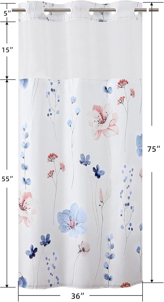 QiyI Small Stall Flower Shower Curtain with Snap in Liner, Blue Watercolor Floral Cloth Bath Curtains, No Hook Shower Curtains with Mesh Top Window, Fabric Waterproof Curtain Set, 36 x 75 Inch