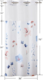 QiyI Small Stall Flower Shower Curtain with Snap in Liner, Blue Watercolor Floral Cloth Bath Curtains, No Hook Shower Curtains with Mesh Top Window, Fabric Waterproof Curtain Set, 36 x 75 Inch