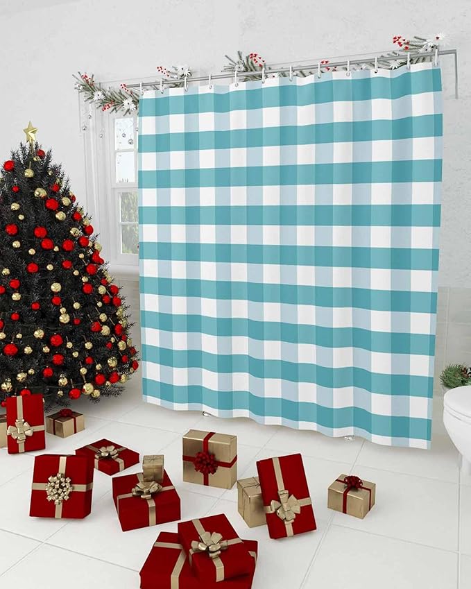 Vandarllin Rustic Teal White Buffalo Check Plaid Pattern Shower Curtain, Farmhouse Shower Curtains Set with Hooks, Waterproof Fabric Bathroom Curtains Decor Home Accessories, Stall Long 36 X 78 Inch