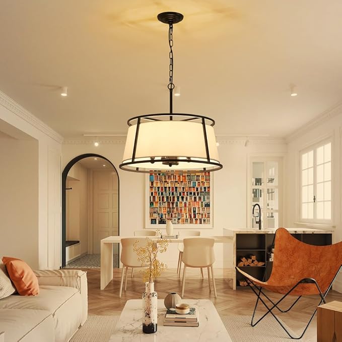 Shrine Lighting Drum Chandeliers, Modern Style, Perfect Pendant Light Fixture for Dining Room, Living Room, D20'' x H9'', Adjustable Chains 59'', E12*4 Sockets, White Lampshade & Black Finish Frame