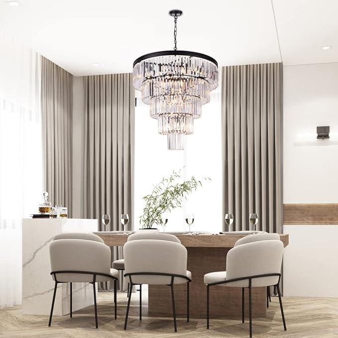 TOCHIC Large Crystal Chandelier for High Ceiling, 40 inch 7-Tier Modern Black Crystal Chandeliers Lighting Fixture, Round Light for Entryway Staircase Foyer Living Room (Black, 31.5 Inches)
