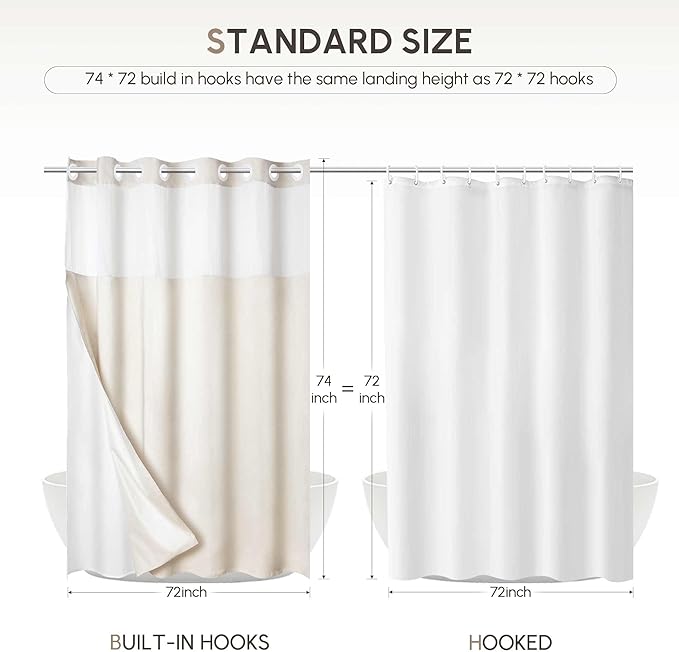 WELTRXE No Hook Shower Curtain with Snap in Liner, 230GSM Waterproof Fabric Hotel Luxury Weighted Bath Curtain with See Through Mesh Top Window, Machine Washable, 72 x 74 Inch, Beige