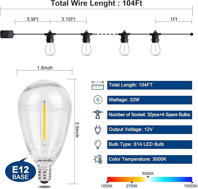 LED Outdoor String Lights 104FT with 32 Shatterproof Edison Bulbs Outside Patio, Waterproof Heavy-Duty Commercial Decorative String Light, AC to DC Plug, 3000K Warm White for Porch, Balcony, Cafe