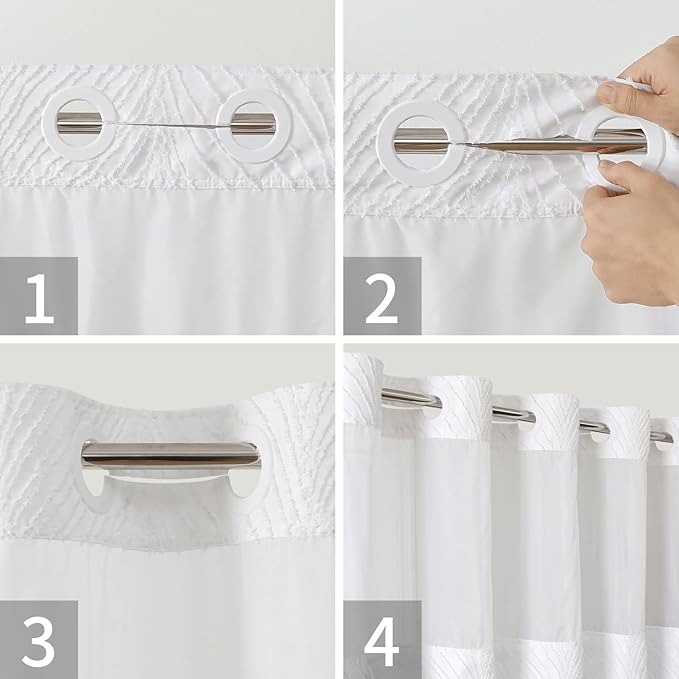 Extra Long No Hook Shower Curtain and Liner Set，Boho Style with See Through Top Window, Tufted Striped Textured Outer Curtain & Waterproof Inner Liner for Bathroom, White, 71Wx98H