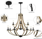 Farmhouse Chandeliers for Dining Room Light Fixture, 2 Tier 12-Light 41" Adjustable Height Retro Faux Wood Texture Rustic Light Fixtures for Living Room Bedroom Kitchen Island Foyer Entryway