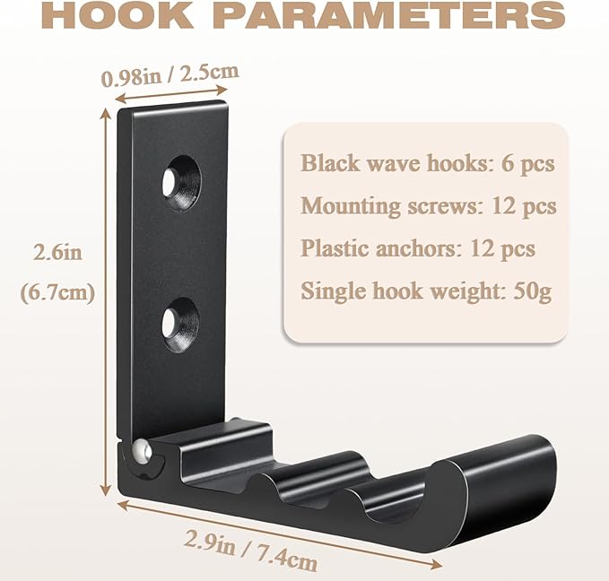 OHIYO 6 PCS Heavy Duty Folding Wall Hooks, Sturdy Black Wall Mounted Hooks for Coats, Towels, Backpacks, Bags, Space Saving Wave Design for Living Room, Bedroom Organization