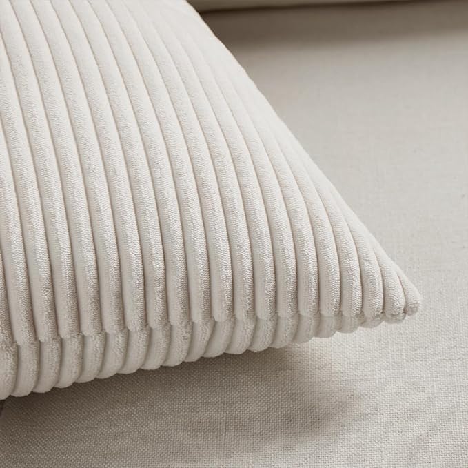 Fancy Homi 2 Packs Cream Lumbar Decorative Throw Pillow Covers 14x24 Inch for Living Room Couch Bed Sofa, Rustic Farmhouse Boho Home Decor, Soft Striped Corduroy Rectangle Accent Cushion Case 35x60 cm