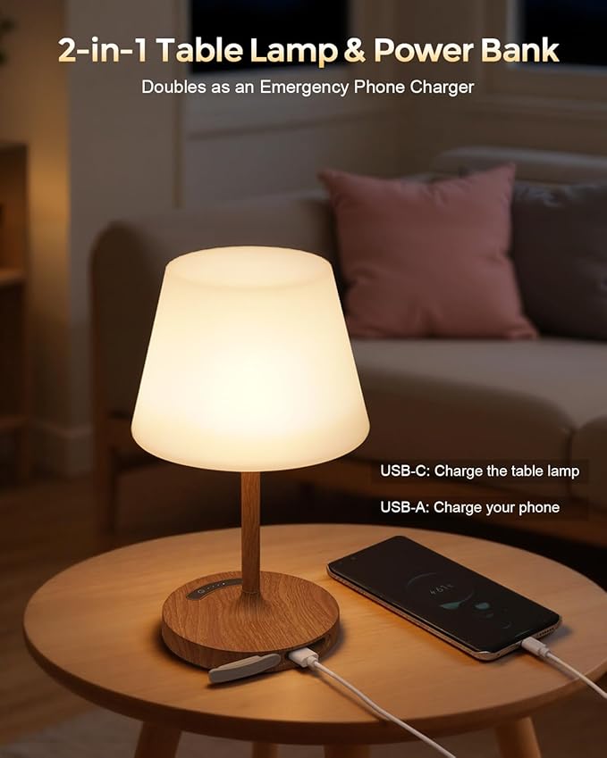 Outdoor Battery Operated Table Lamp, IP54 Waterproof Shower Lamp, 4000mAh Rechargeable Cordless Lamp, 3 Color Temperatures Dimmable, Small Touch Table Lamp for Bedroom, Patio, Camping, Restaurant