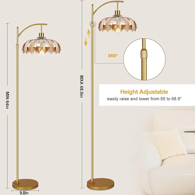 Arc Floor Lamp with 3 Color Temperatures,Gold Floor Lamp with Remote & 3 Color Temperature,Mid Century Modern Standing Lamp with Glass Lampshades,Vintage Tall Floor Lamps for Living Room Bedroom