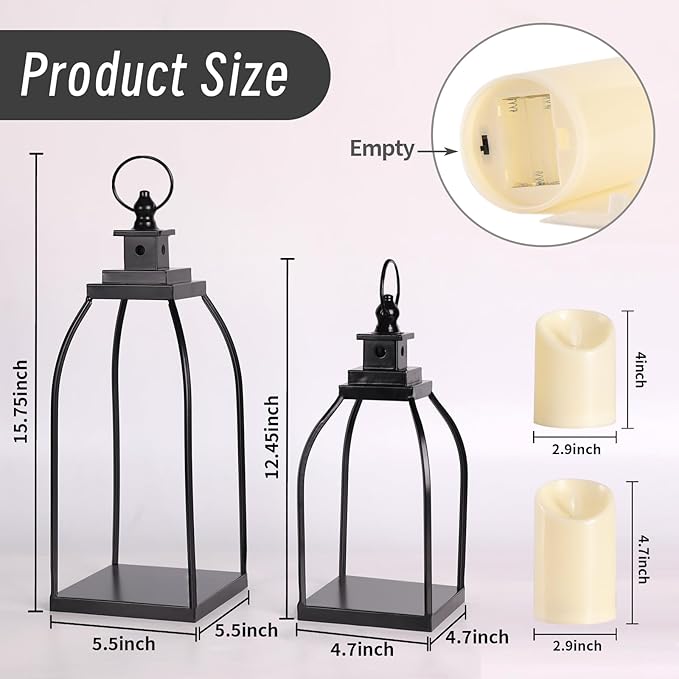 DARJEN Modern Farmhouse Lantern Decor Outdoor & Indoor- 15'' 12'' Black Metal Candle Lanterns for Christmas, Lanterns Decorative with 2 Flameless Candles for Living Room, Home, Table Centerpiece Decor