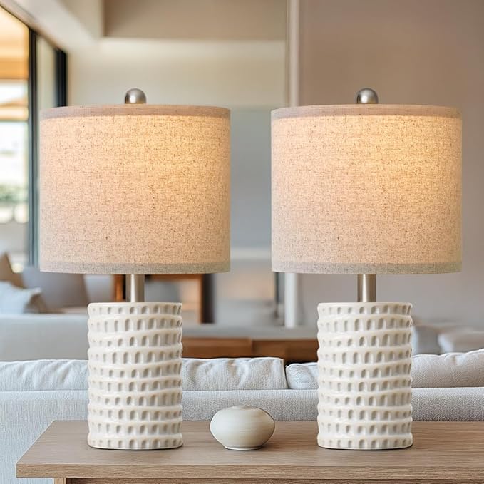PORTRES 18.25" Modern Accent Ceramic Table Lamp Set of 2 for Bedroom White Desk Decor Bedside Lamps for Living Room Study Room Office Dorm Farmhouse Nightstand Lamp End Table Lamps