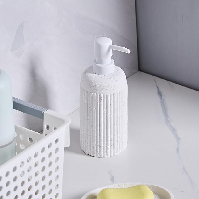 2Pcs White Natural Travertine Textures Hand Soap Dispenser Set, Small Bathroom Countertop Resin Liquid Soap Dispensers, Kitchen Dish Wash Soap Dispensers,Refillable Dispenser with Vertical Stripe