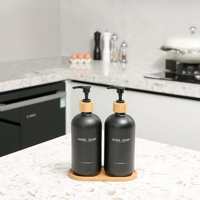 Black Soap Dispenser, Hand Soap, and Dish Soap Dispenser Set Suitable for Kitchen Counter Decor. (Black)