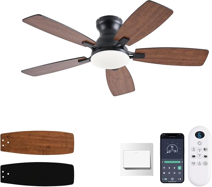 42inch Ceiling Fans with Lights, Low Profile Ceiling Fan with Light and Remote/APP Control, DC Reversible Motor, Noiseless, Flush Mount, Brown Ceiling Fan for Bedroom Indoor/Outdoor Use
