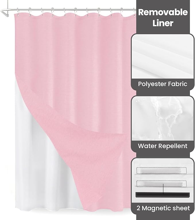 Inhousolu Boho Farmhouse Shower Curtain with Fabric Liner Set, Faux Linen Textured, 14 Metal Hooks Luxury Weighted Hem, Washable Wrinkle Free Bath Curtain for Hotel Bathroom 72" W x 84" L Pink