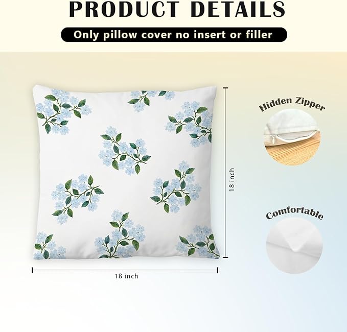 JINYO Rustic Blue Hydrangea Floral Pillow Covers 18x18, Blue Hydrangea Decor, Farmhouse Spring Flower Grandmillenial Pillow Covers for Home Bedroom Living Room, Cottagecore Room Decor