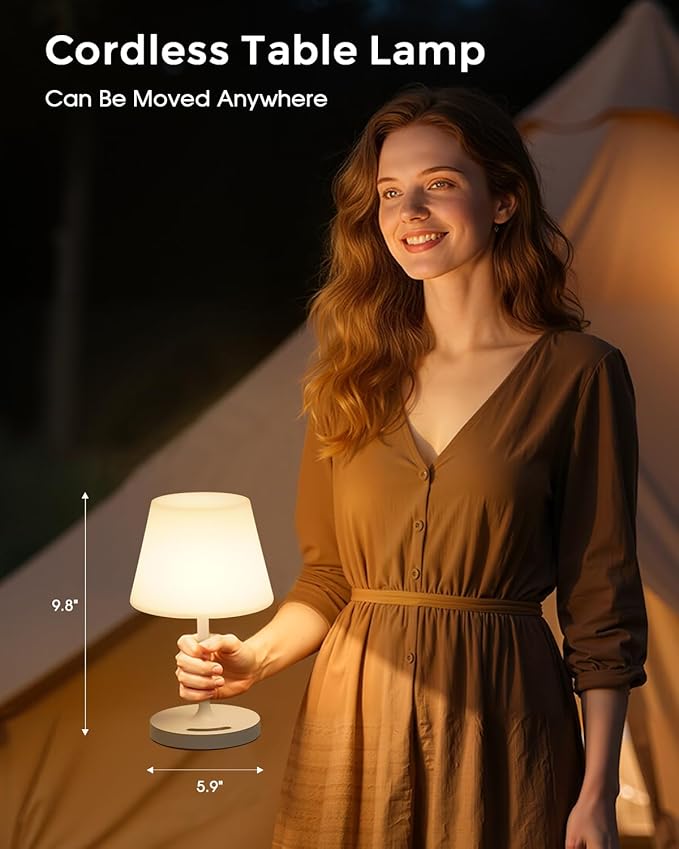 Outdoor Battery Operated Table Lamp, IP54 Waterproof Shower Lamp, 4000mAh Rechargeable Cordless Lamp, 3 Color Temperatures Dimmable, Small Touch Table Lamp for Bedroom, Patio, Camping, Restaurant