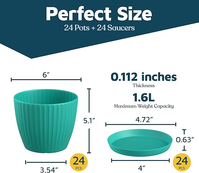 Aqua 6-Inch Plant Pots with Drainage & Saucers 24 Pack, Indoor & Outdoor Planters for Houseplants, Herbs, and Flowers, Durable & Weatherproof Material, Stackable, Lightweight, Minimalist Design