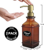 Soap Dispenser - 2 Pack, Antique Design Thick Amber Glass Hand Soap Dispensers with Sturdy Tray; 304 Rust Proof Stainless Steel Black Pump, 12Pcs Stickers, for Kitchen, Bathroom - Brushed Gold
