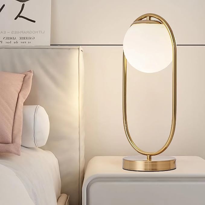 Mid Century Modern Gold Table Lamp White Glass Shade Nightstand Lamp Small Table Lamp for Bedside Bedroom Living Room Office